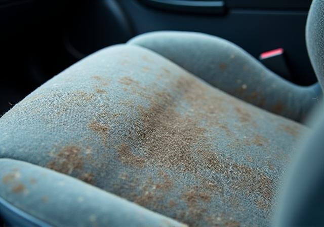Before and after of a stained fabric car seat. Before shows visible stains and dust.