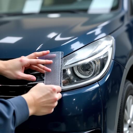 Expert installing paint protection film on a car bumper.