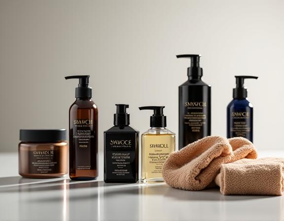 A collection of high-end car detailing bottles and microfiber towels.